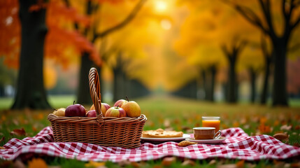 A woven basket filled with fresh apples rests on a checkered blanket in a park. Bright autumn leaves surround the setup, and warm sunlight filters through the trees, creating a cozy atmosphere