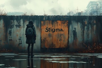 Wall of Stigma surreal image of person standing before tall imposing wall labeled Stigma wall covered dark oppressive symbol representing barrier created societal stigma surrounding mental health