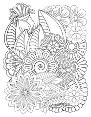 Fototapeta premium Floral picture in black and white for adult coloring books. Coloring page of monochrome flowers and leafs. Doodles pattern, Page for coloring book. Outline flowers. Doodles in black and white