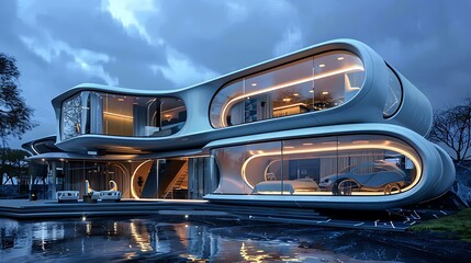 Obraz premium Futuristic Home design with curved lines glass panels and a modern minimalist style.