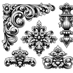 Baroque Corner Ornaments set outline vector