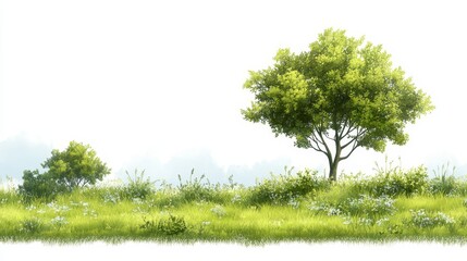 Fototapeta premium Lush Green Meadow with Single Tree and White Flowers on White Background