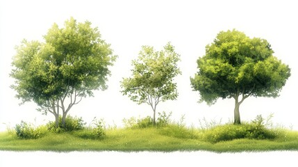 Three Green Trees with Lush Grass and Foliage Isolated on White Background