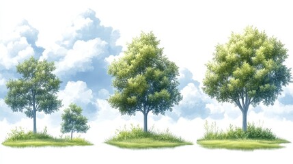 Three Trees with Grass and Cloudy Sky Isolated on White Background