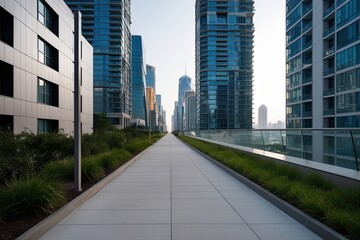 Urban Corridor Surrounded by Modern Skyscrapers in a Clean Cityscape