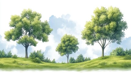 Fototapeta premium Green Trees and Meadow Landscape with White Clouds