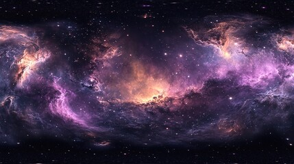 Obraz premium Stellar Panorama: Hyper-Realistic 360-Degree Nebula View with Purple and Pink Hues, Stars, and Gas Clouds in a Dark Space