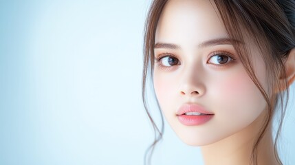 Naklejka premium Beautiful Woman with Clear Skin and Brown Eyes Looking at Camera