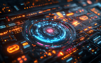 Obraz premium Futuristic Digital Interface: Glowing Blue Circle on Black Background