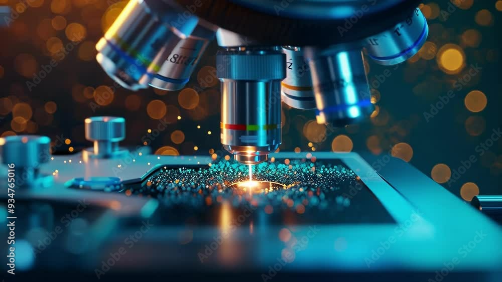 Poster powerful microscope is analyzing a sample with innovative technology, creating a bright glow and ill
