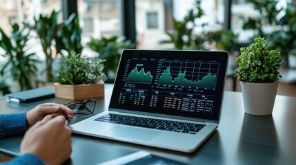A person analyzes financial data on a laptop surrounded by greenery in a modern workspace.