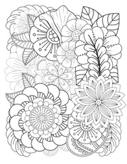 Fototapeta premium Floral picture in black and white for adult coloring books. Coloring page of monochrome flowers and leafs. Doodles pattern, Page for coloring book. Outline flowers. Doodles in black and white