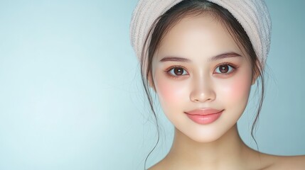 Beautiful Woman with Towel on Head  Blue Background  Skincare  Beauty  Portrait