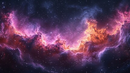 Stellar Panorama: Hyper-Realistic 360-Degree Nebula View with Purple and Pink Hues, Stars, and Gas Clouds in a Dark Space