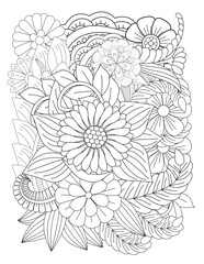 Floral picture in black and white for adult coloring books. Coloring page of monochrome flowers and leafs. Doodles pattern, Page for coloring book. Outline flowers. Doodles in black and white