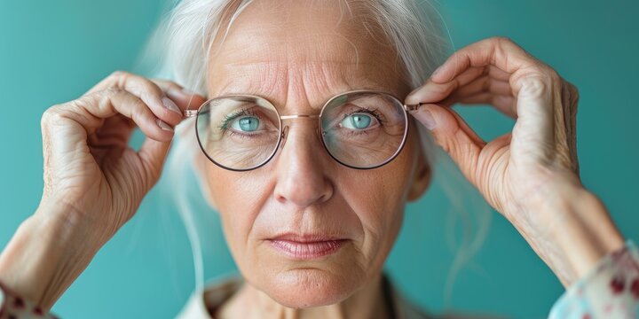 Middle-aged woman taking off her glasses, feeling discomfort or hazy vision due to astigmatism; older woman relieving eye fatigue after extended screen time.