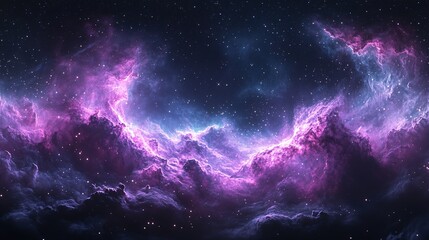 Obraz premium Stellar Panorama: Hyper-Realistic 360-Degree Nebula View with Purple and Pink Hues, Stars, and Gas Clouds in a Dark Space