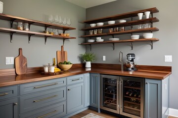 Fototapeta premium Culinary Station Featuring Polished Wood Countertop and Curated Shelf against Soft Gray Background