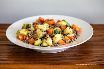 Hearty and nutritious food, ground beef with vegetables. Real low carb food