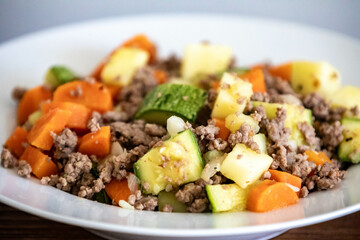 Hearty and nutritious food, ground beef with vegetables. Real low carb food