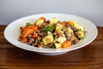 Hearty and nutritious food, ground beef with vegetables. Real low carb food