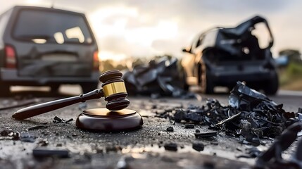 Gavel at Accident Scene, Sideswipe Head-On Collision, Blurred Road Background