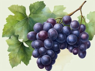 Fototapeta premium Watercolor Illustration of a Bunch of Purple Grapes with Green Vine Leaves