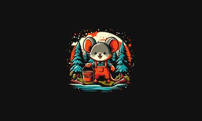 mouse holding bucket on forest vector illustration flat design