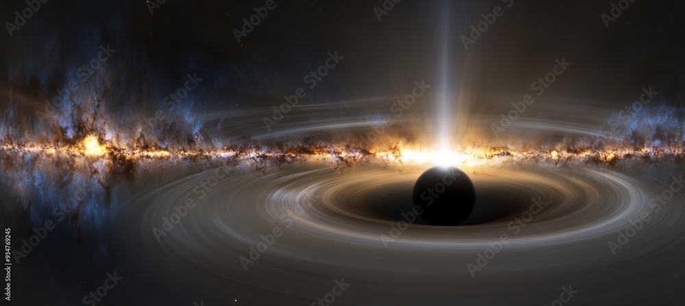 Poster black hole at the center of a 3d cosmic abyss where 2d light particles are pulled into the endless d