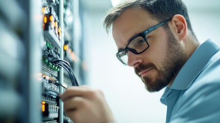 IT Technician Working on Server Rack  Connecting Cables  Data Center