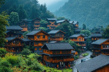 Obraz premium Picturesque traditional Japanese village nestled in lush green mountains