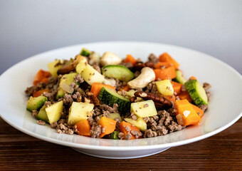 Hearty and nutritious food, ground beef with vegetables. Real low carb food