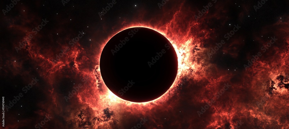 Poster black hole at the center of a 3d cosmic abyss where 2d light particles are pulled into the endless d