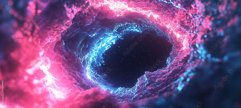 Poster black hole at the center of a 3d cosmic abyss where 2d light particles are pulled into the endless d