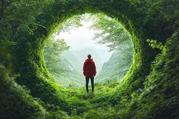 A person in a red jacket stands in a lush, circular opening in the forest, gazing at the vast, misty landscape beyond.