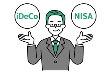 iDecoとNISAの選択肢を提案する中年のスーツの男性