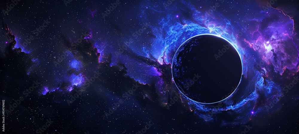 Poster black hole at the center of a vast 3d cosmic abyss where 2d starlight fades into darkness highlighti