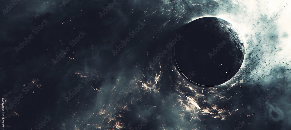 Poster black hole at the heart of a 3d cosmic abyss where 2d light waves are stretched and swallowed by the