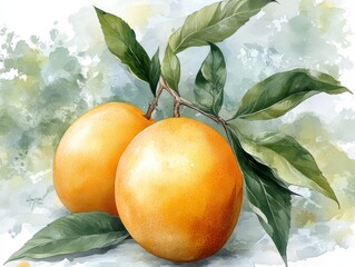 Watercolor Painting of Two Oranges with Green Leaves