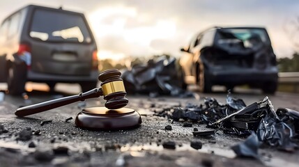 Gavel at Accident Scene, Sideswipe Head-On Collision, Blurred Road Background