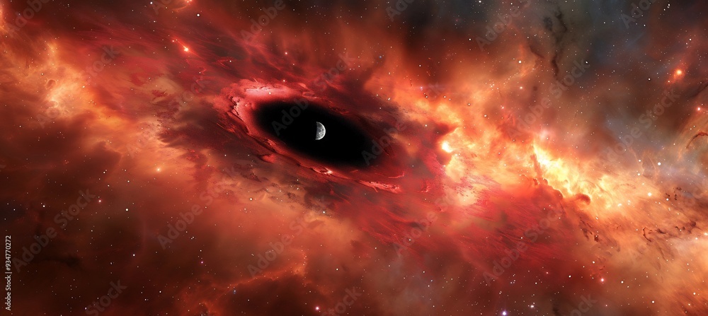 Poster black hole at the heart of a 3d cosmic abyss where 2d light waves are stretched and swallowed by the