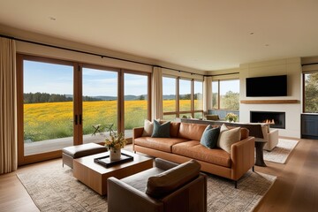 Expansive Modern Living Room with Stunning Meadow Views