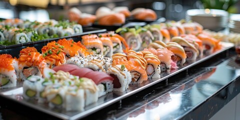Refined presentation of a sushi arrangement showcasing an assortment of exquisite delicacies, including sushi rolls, nigiri, and fresh seafood, artistically arranged in an upscale environment.