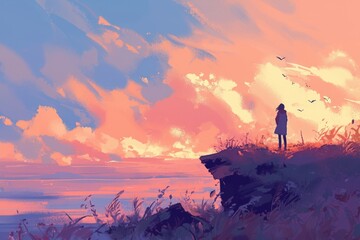 Obraz premium A person standing on a cliff with a peaceful, warm sunset and soft, ambient colors. Cozy vibe, Generative AI