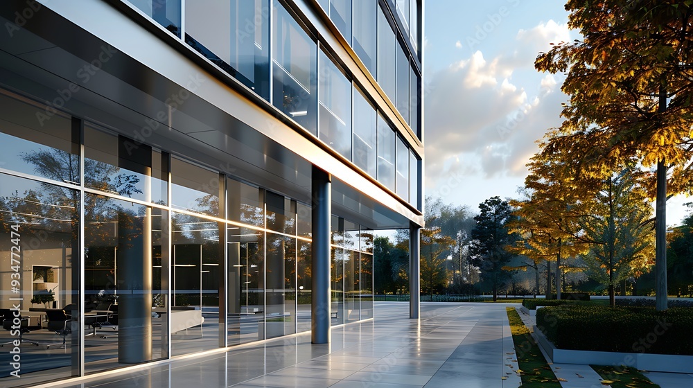 Poster modern office building with a glass facade and sleek lines. the building is surrounded by trees with