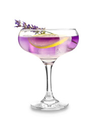 Glass of fresh lavender lemonade with flowers on white background