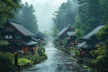 Fototapeta premium Rainy day in a traditional Japanese village with wooden houses and shops