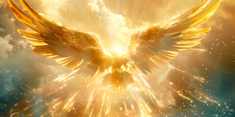 A statue of an angel with a fiery 