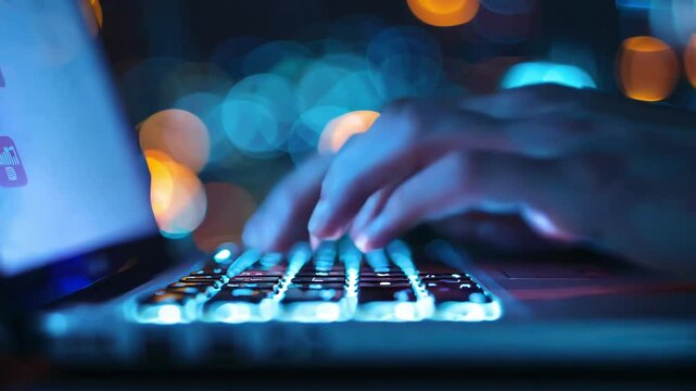 A close-up of hands typing on a backlit keyboard, showcasing modern technology and digital creativity in a vibrant environment.