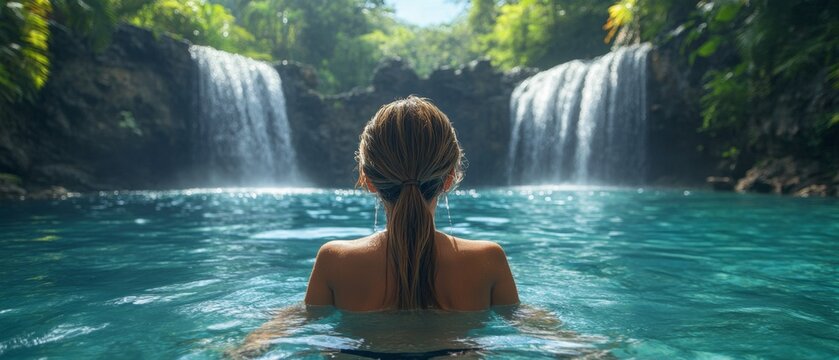 Jungle Oasis. Swimming Beneath Cascading Waterfalls